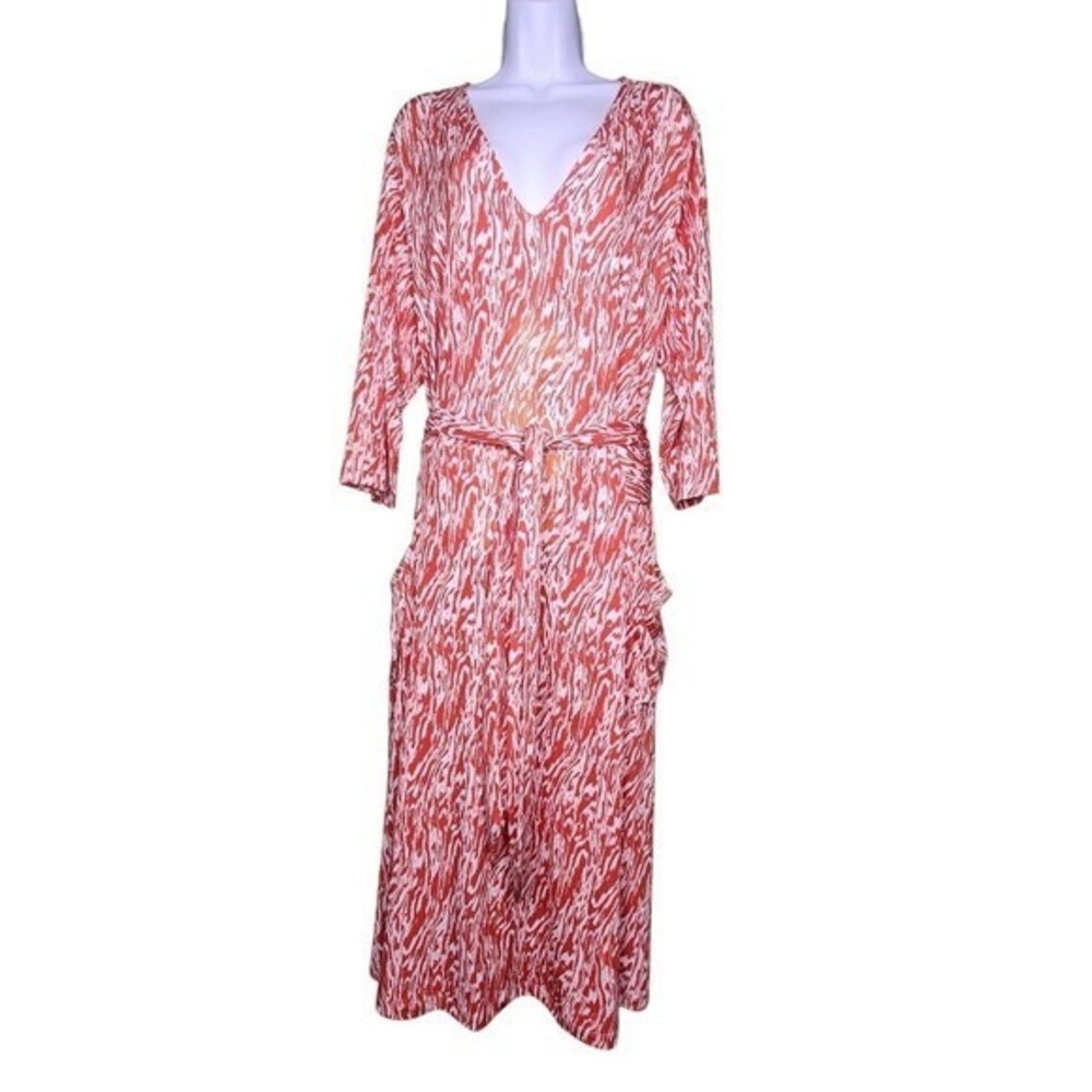 Leota V-Neck Dress Orange‎ White Belt Tie Pockets Warped Zebra Chili Animal 2X